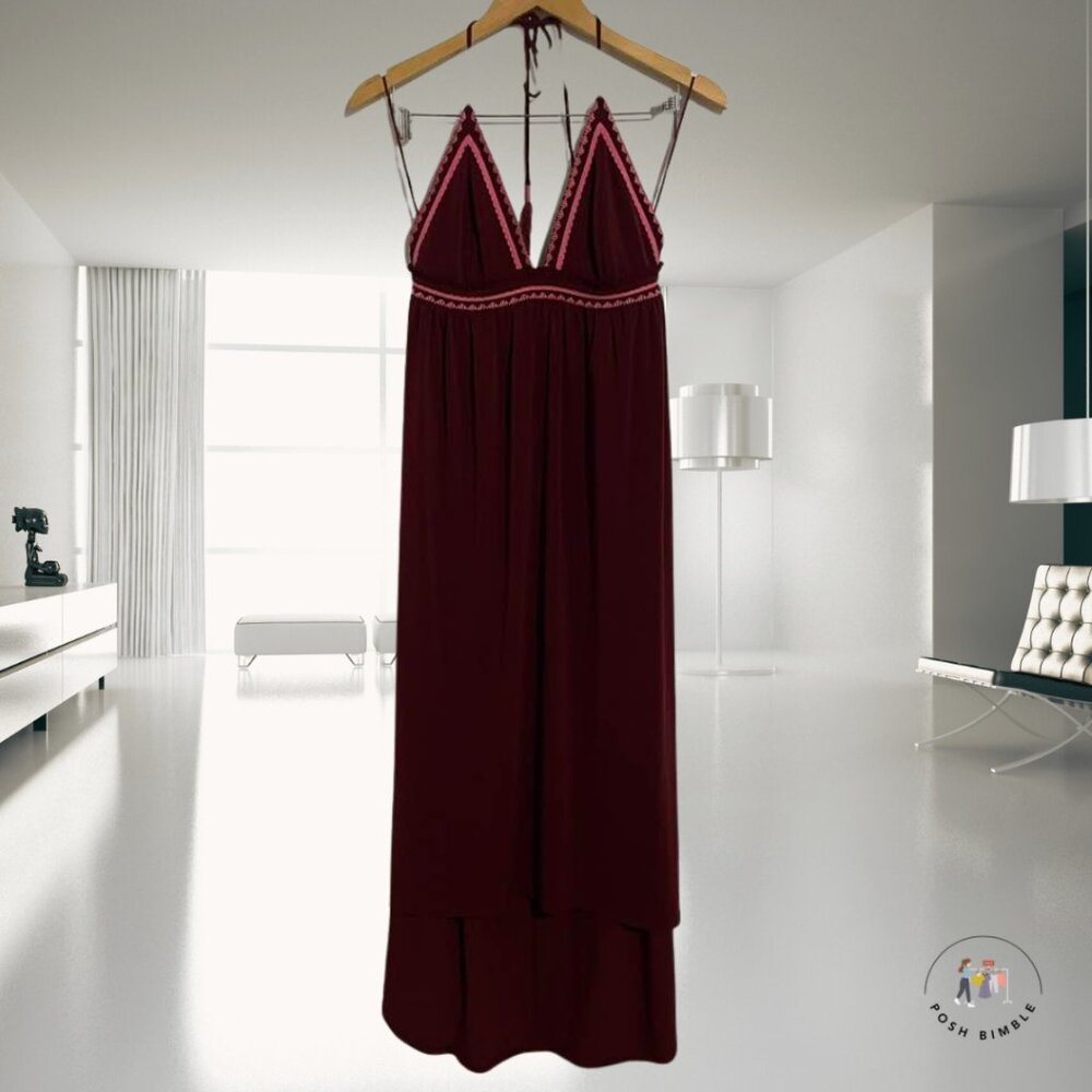 Express Burgundy Halter Maxi Dress with Pink Trim | Size Medium - Picture 3 of 14